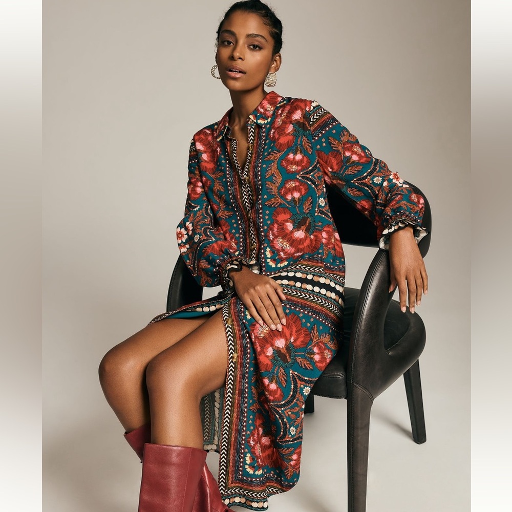 Floral Patterned Dress - Red and Green from Anthropologie